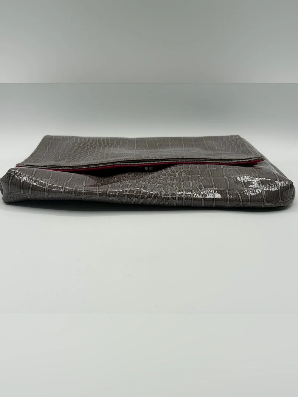 Vince Camuto Faux Gray Snakeskin Oversized Snap Closure Clutch Purse